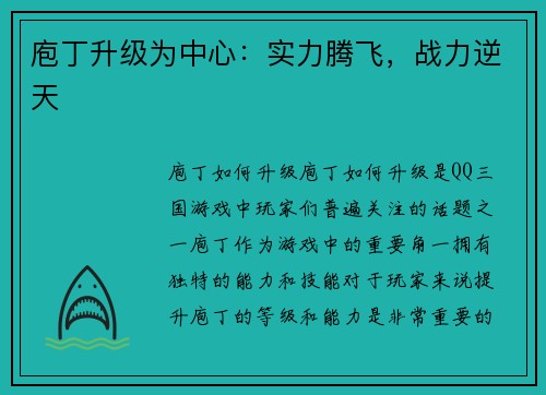 庖丁升级为中心：实力腾飞，战力逆天